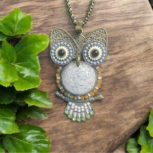 Retro Owl Pendant Necklace Silver-Tone Statement Boho Nature Animal‎ Whimsical